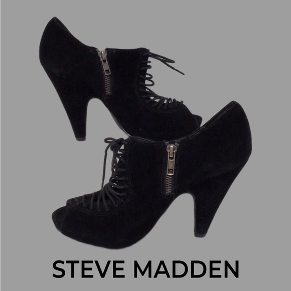STEVE MADDEN Suede Peep-Toe Corset Front Heels, Black, Size 7.5 - Picture 1 of 8